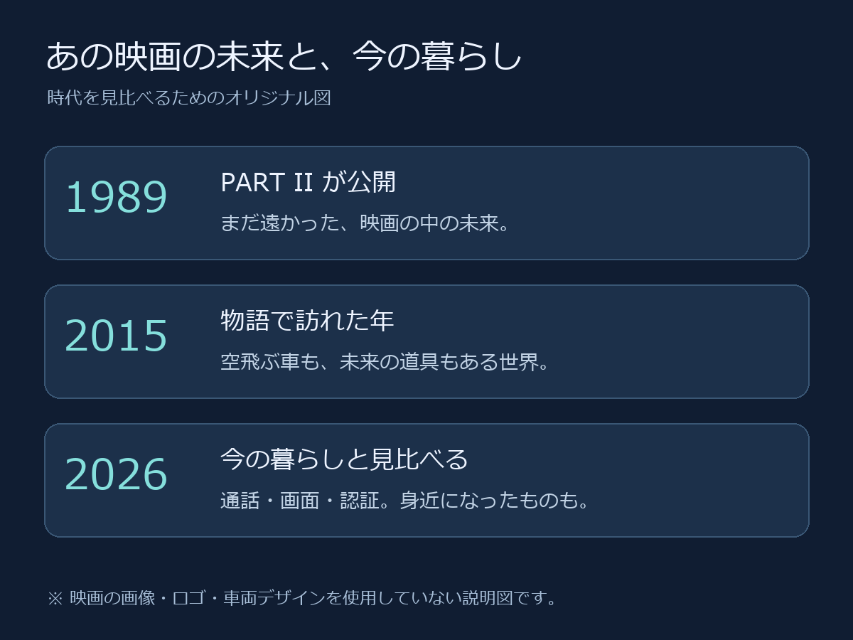 1989年のPART II公開、物語で訪れた2015年、現在の2026年を並べたオリジナルの年代比較図